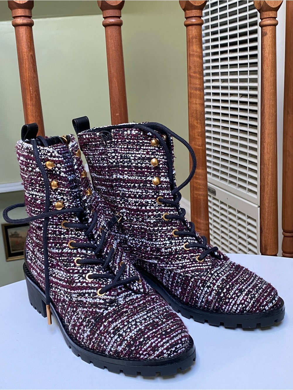 Tory Burch Burgundy Tweed Lace-Up Combat Boots with Gold Eyelets - Picture 4 of 7